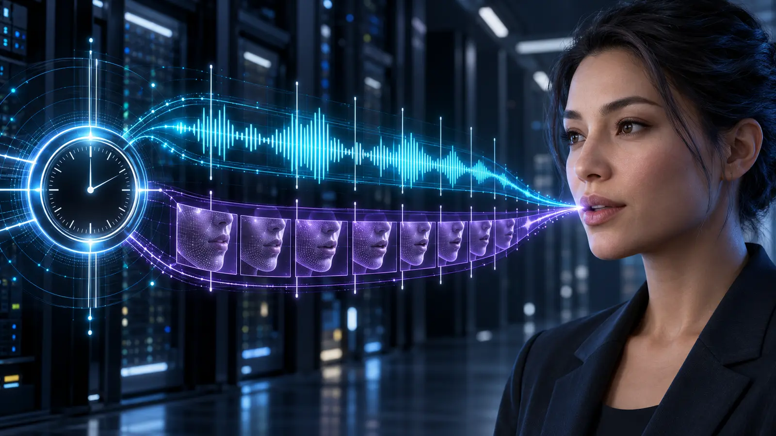 An audio waveform and a sequence of time-coded facial movements converge on a real-time AI avatar from one master clock.