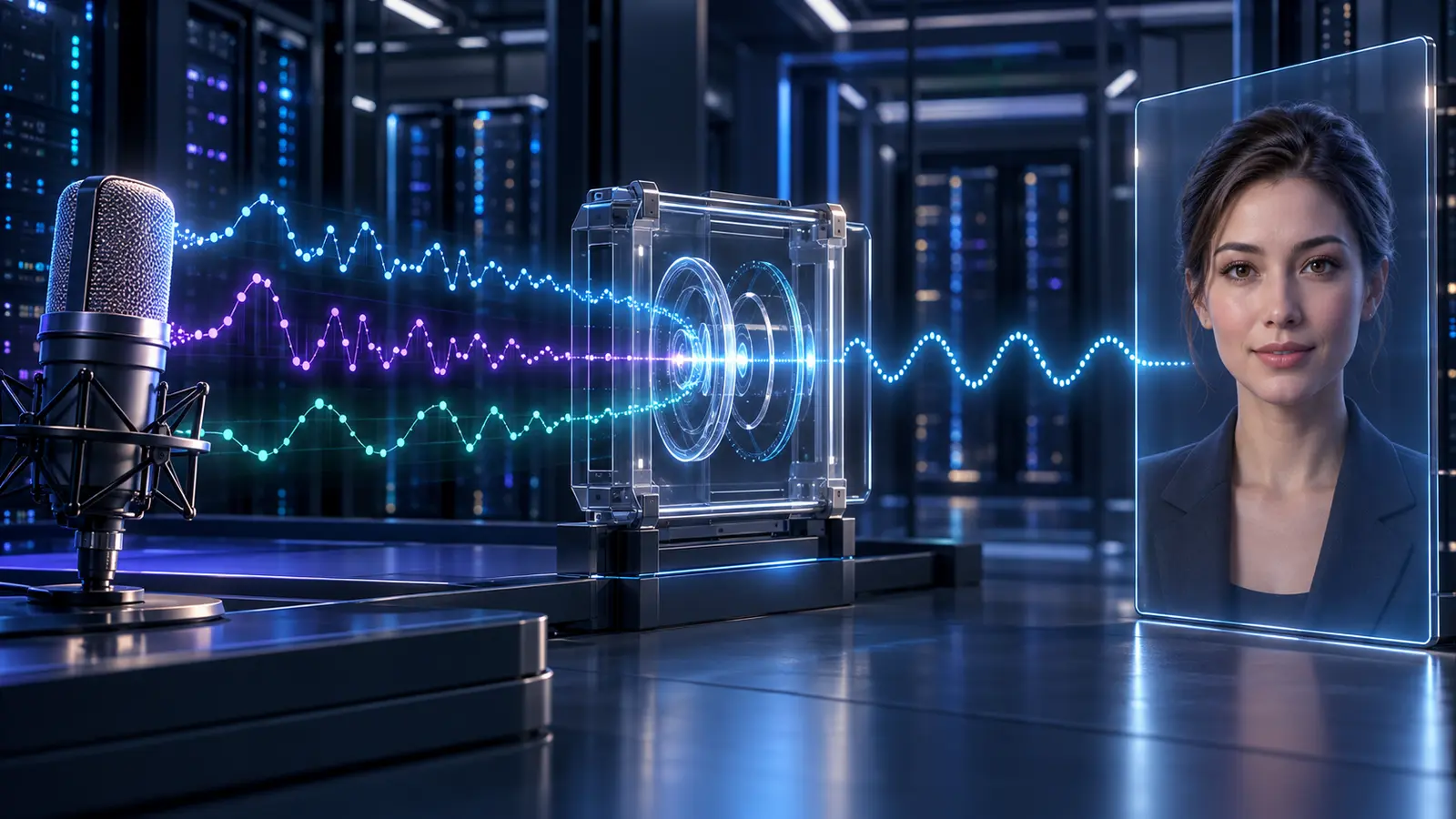 Different audio sample rates pass through a governed conversion gateway before reaching a real-time AI avatar.