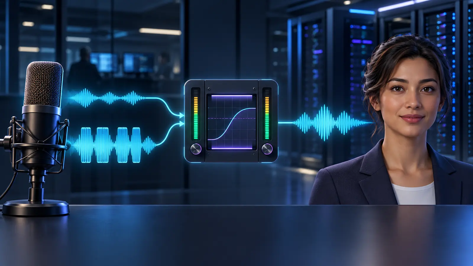 Quiet and loud microphone signals pass through a governed gain-control stage before reaching a real-time AI avatar.