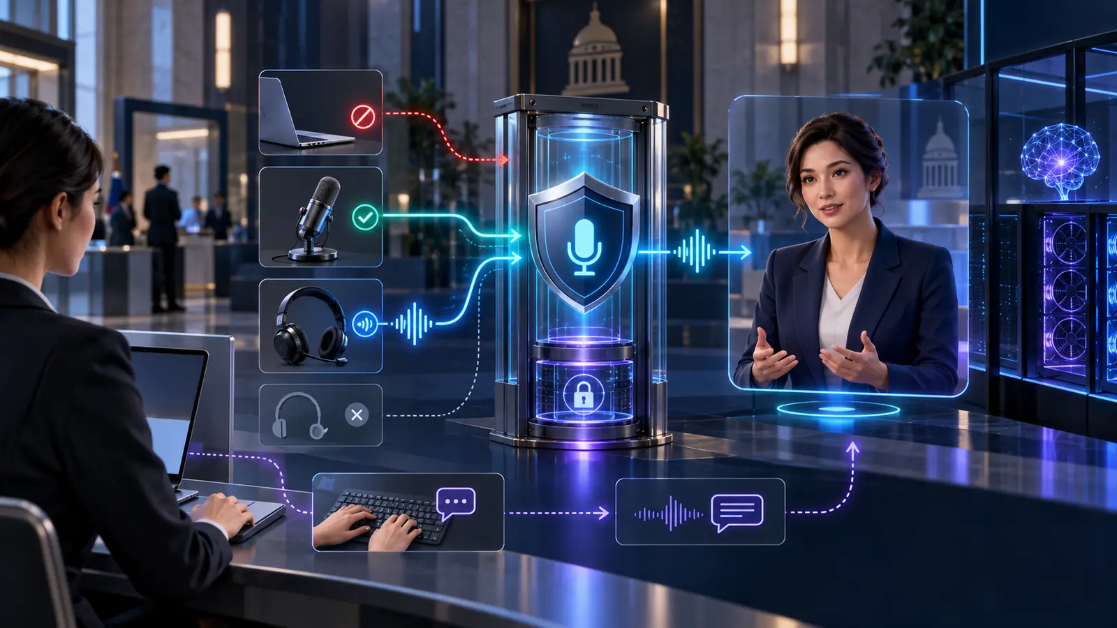 A governed microphone access gateway routes approved input devices to a real-time AI avatar with a visible recovery path.
