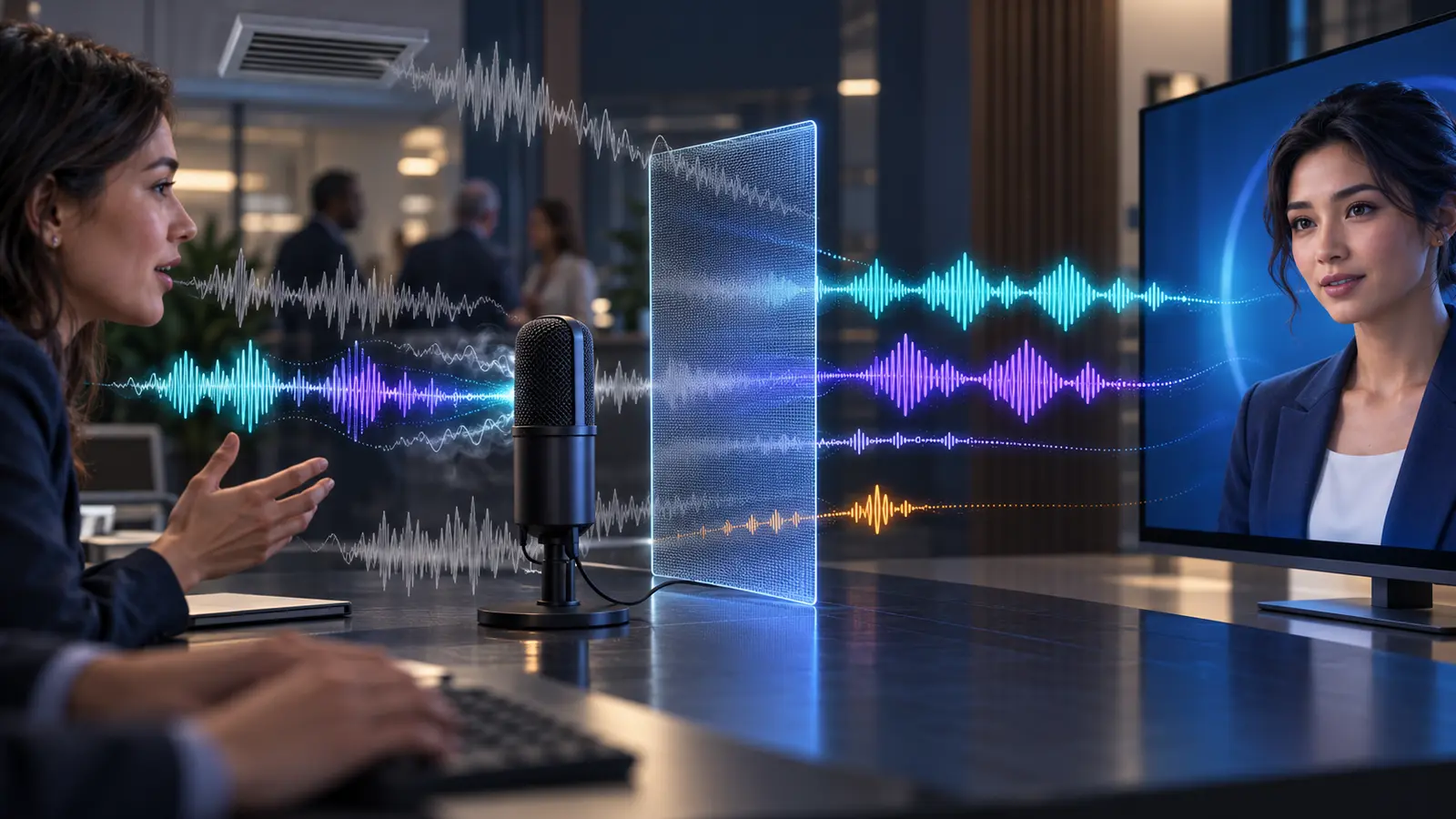 A governed noise-suppression layer removes office noise while preserving several human speech waveforms before they reach a real-time AI avatar.