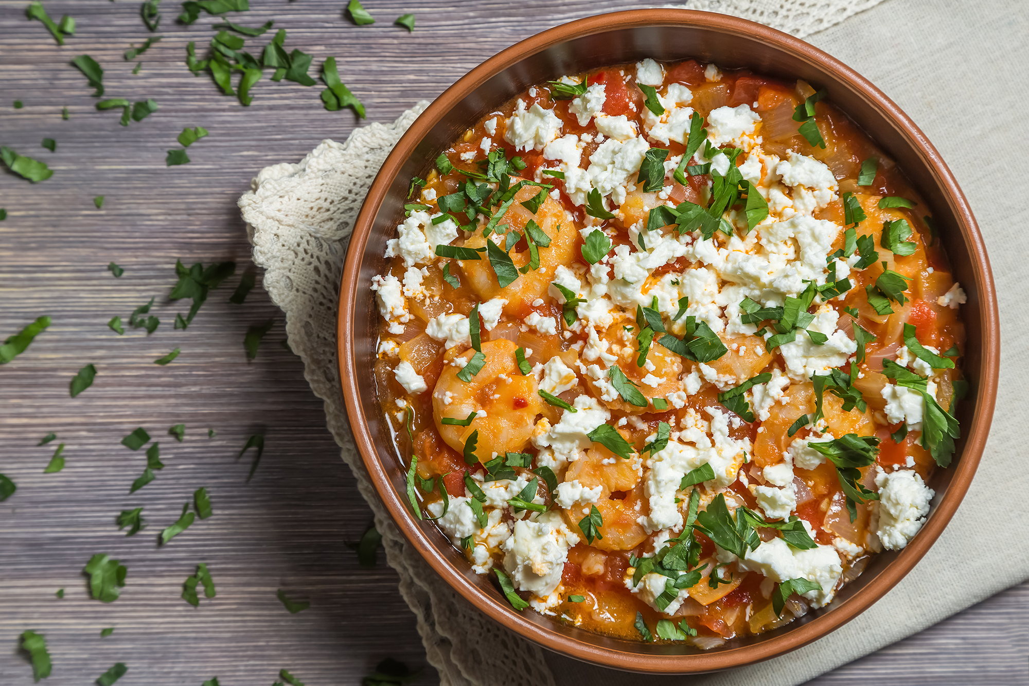 Garides Saganaki, Shrimp in Tomato, Wine and Feta Cheese sauce