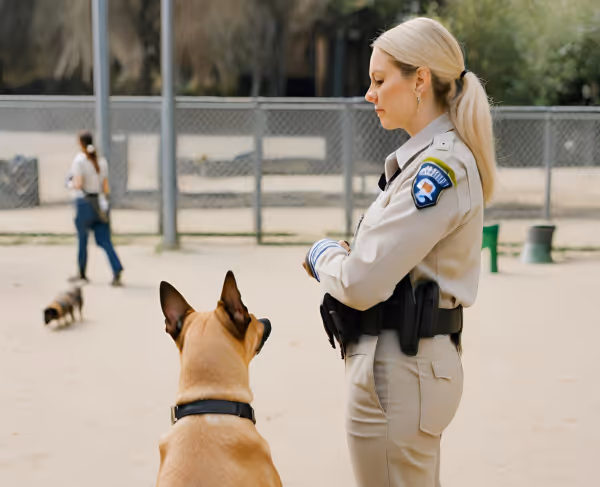AI generated image of a female animal management officer standing next to a tan coloured dog which is sitting, inside an exercise yard in an animal holding facility