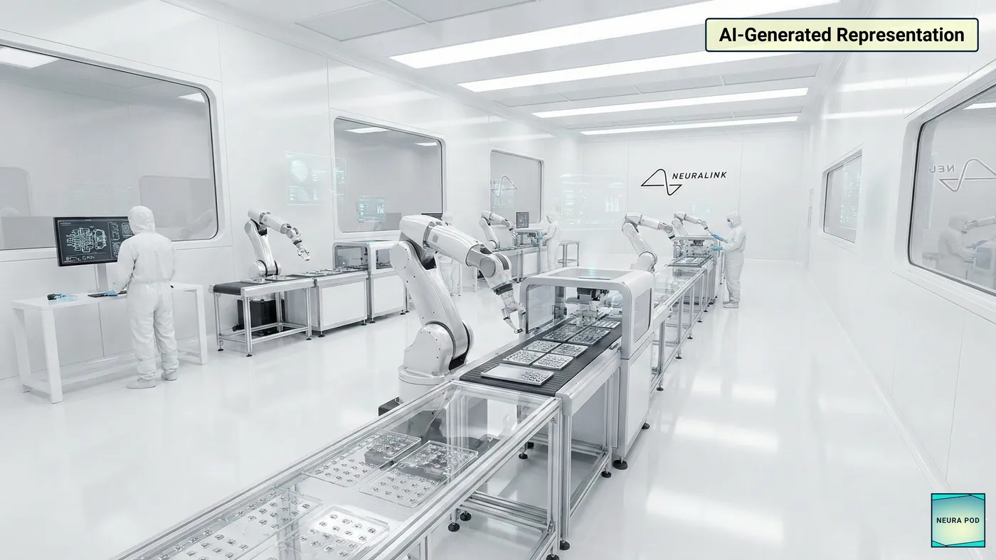 AI-generated illustration of a Neuralink production line