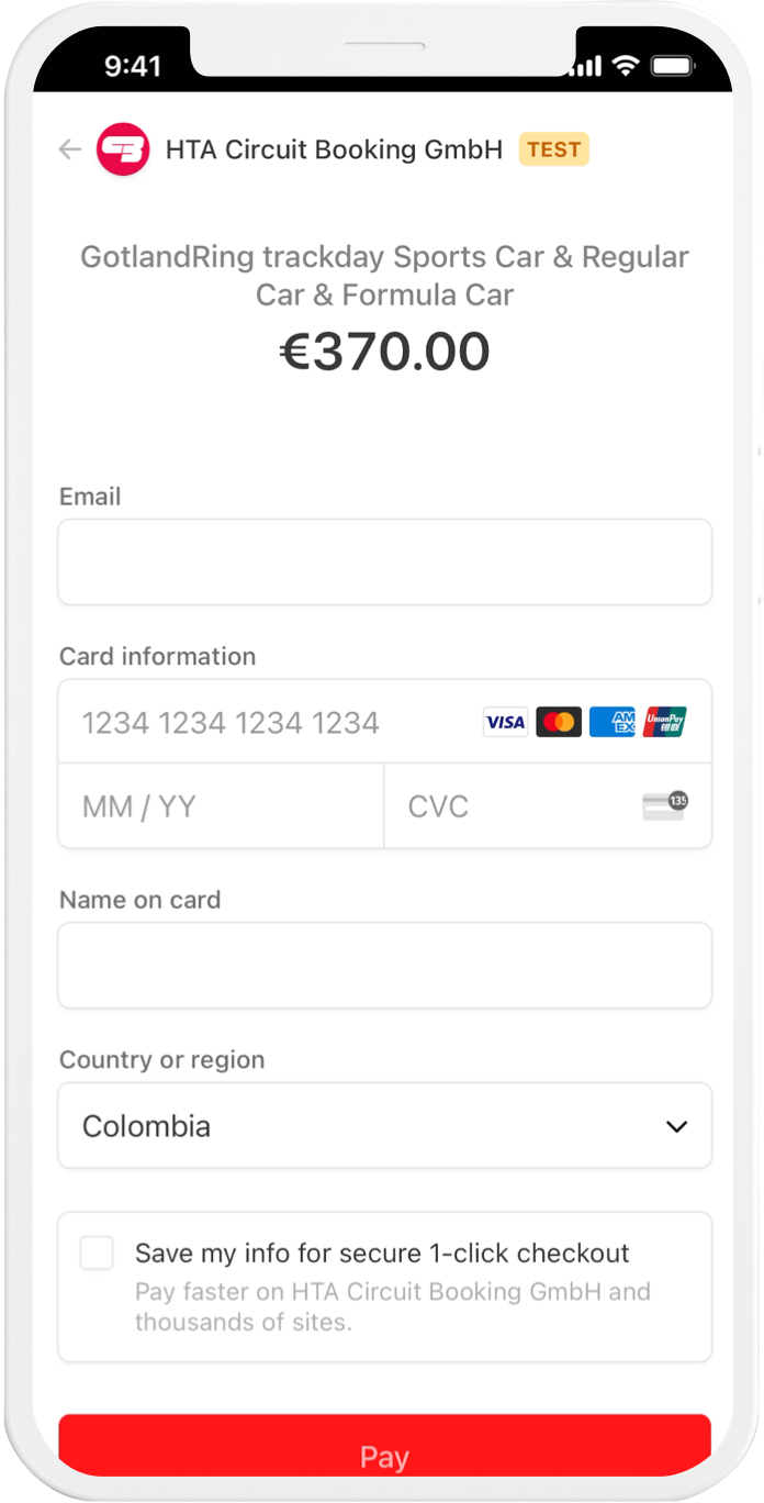Circuit Booking mobile development  - Stripe screen