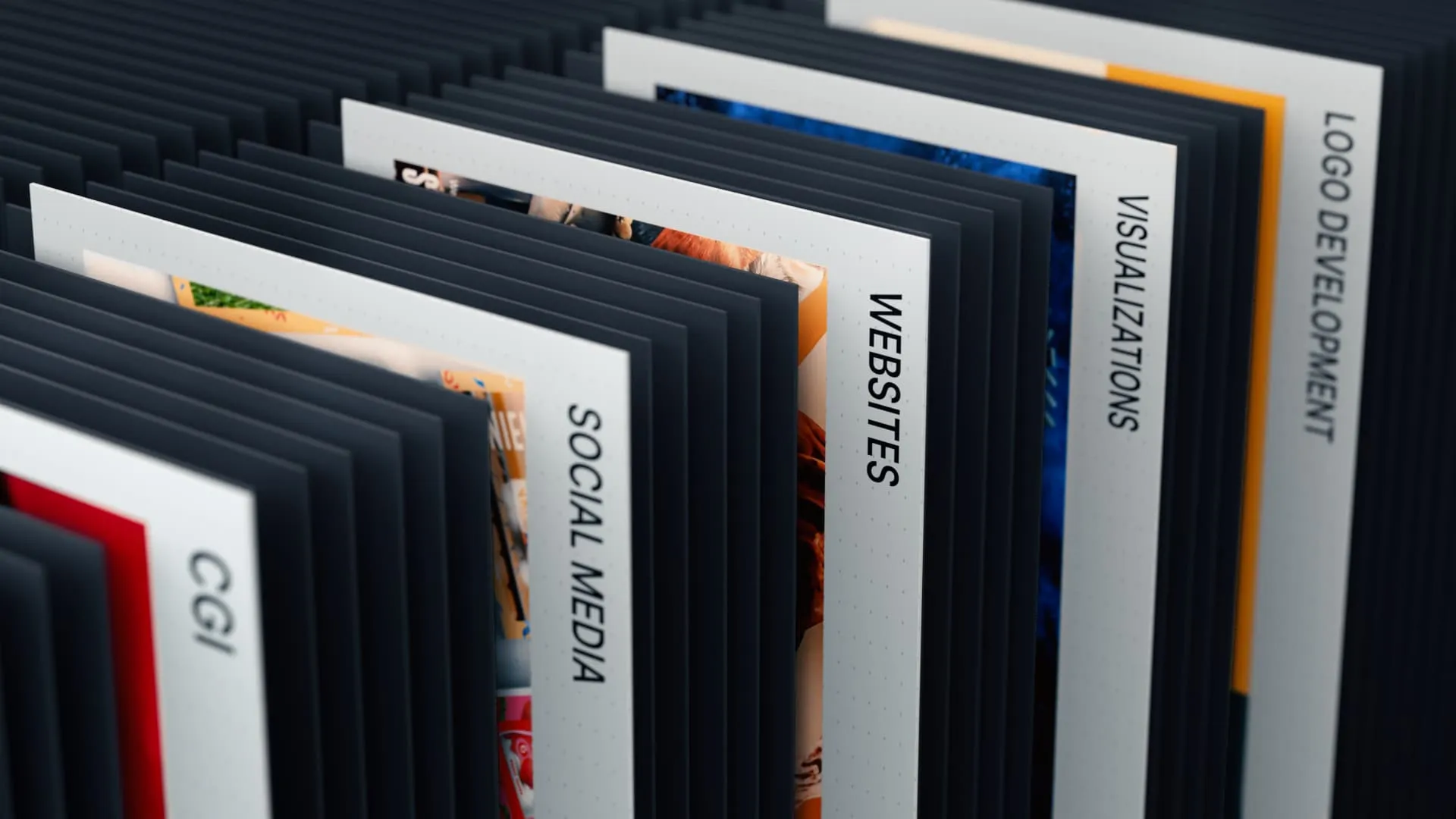 Close-up of layered cards showing services labeled CGI, Social Media, Websites, Visualizations, and Logo Development.