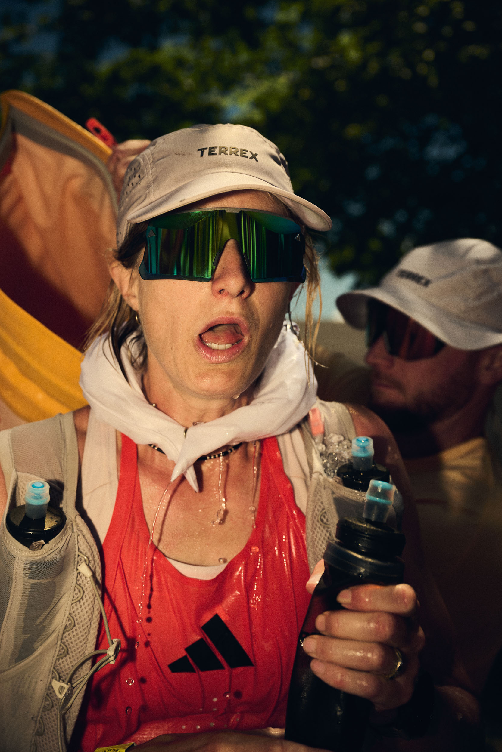 Fiona Pascall holds a soft flask after being cooled by her crew.