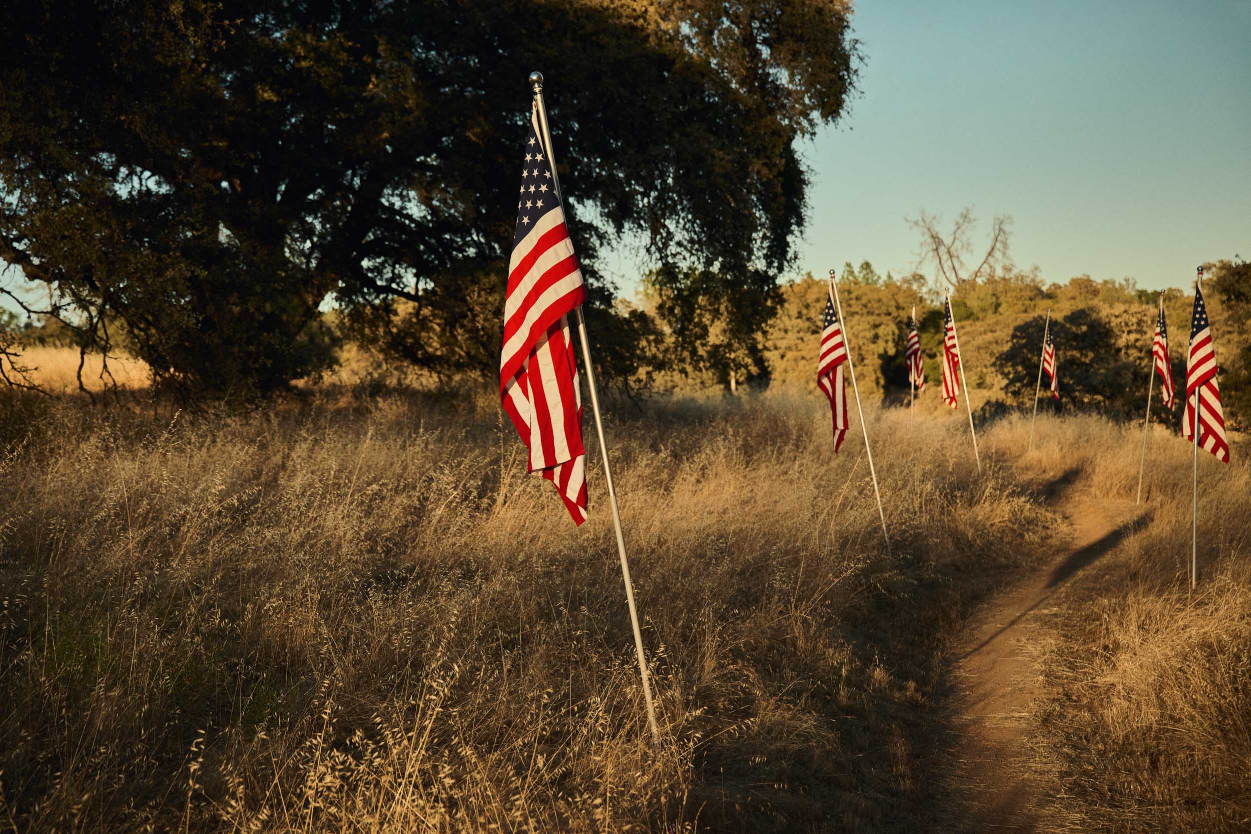 American flags line the Western States trail through dry California grassland.