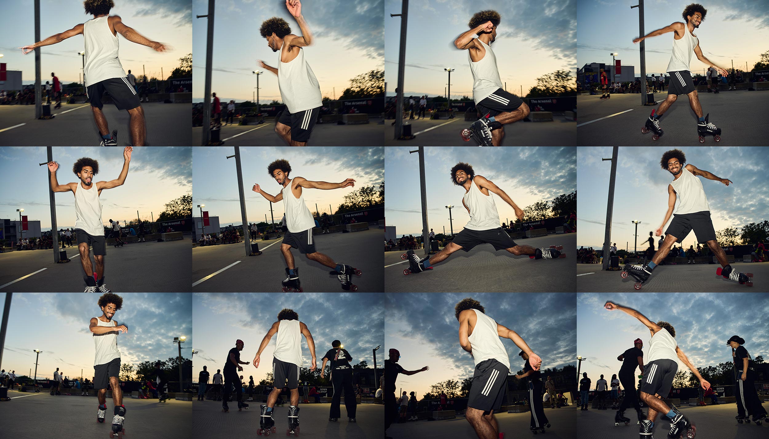 A twelve frame sequence of one skater working through a move on the Emirates concourse.
