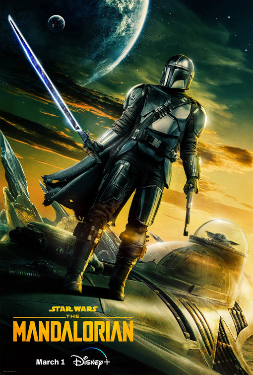 The Mandalorian Season 3 poster - Din Djarin with the Darksaber and Grogu in the N-1 starfighter