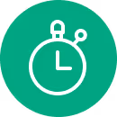 White stopwatch icon with two buttons on a green circular background.
