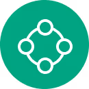 White icon of four connected circles forming a square on a green circular background.