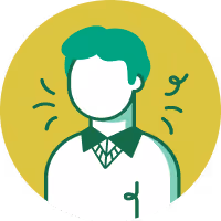 Avatar with green hair and collar shrugging with wavy lines around shoulders on yellow circle background.