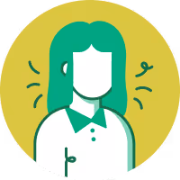 Illustration of a faceless person with teal hair wearing a collared shirt inside a yellow circle.