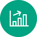Bar chart with an upward trending arrow indicating growth inside a green circle.