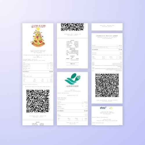 Sechs verschiedene digitale Quittungen oder Rechnungen mit QR-Codes und Logos auf hellviolettem Hintergrund.