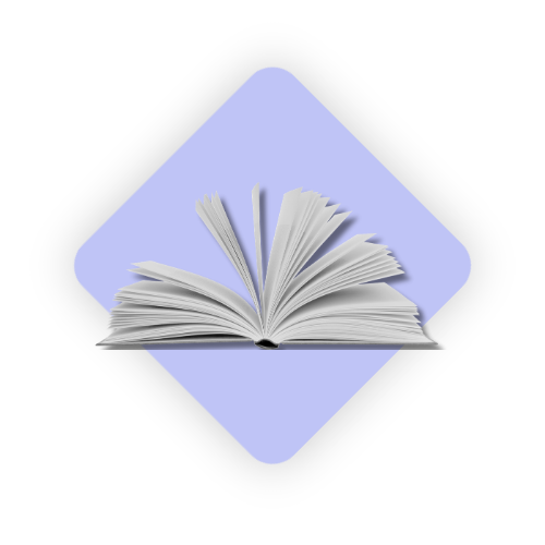 Aufgeschlagenes Buch mit wehenden Seiten vor einem lila Rautenhintergrund.