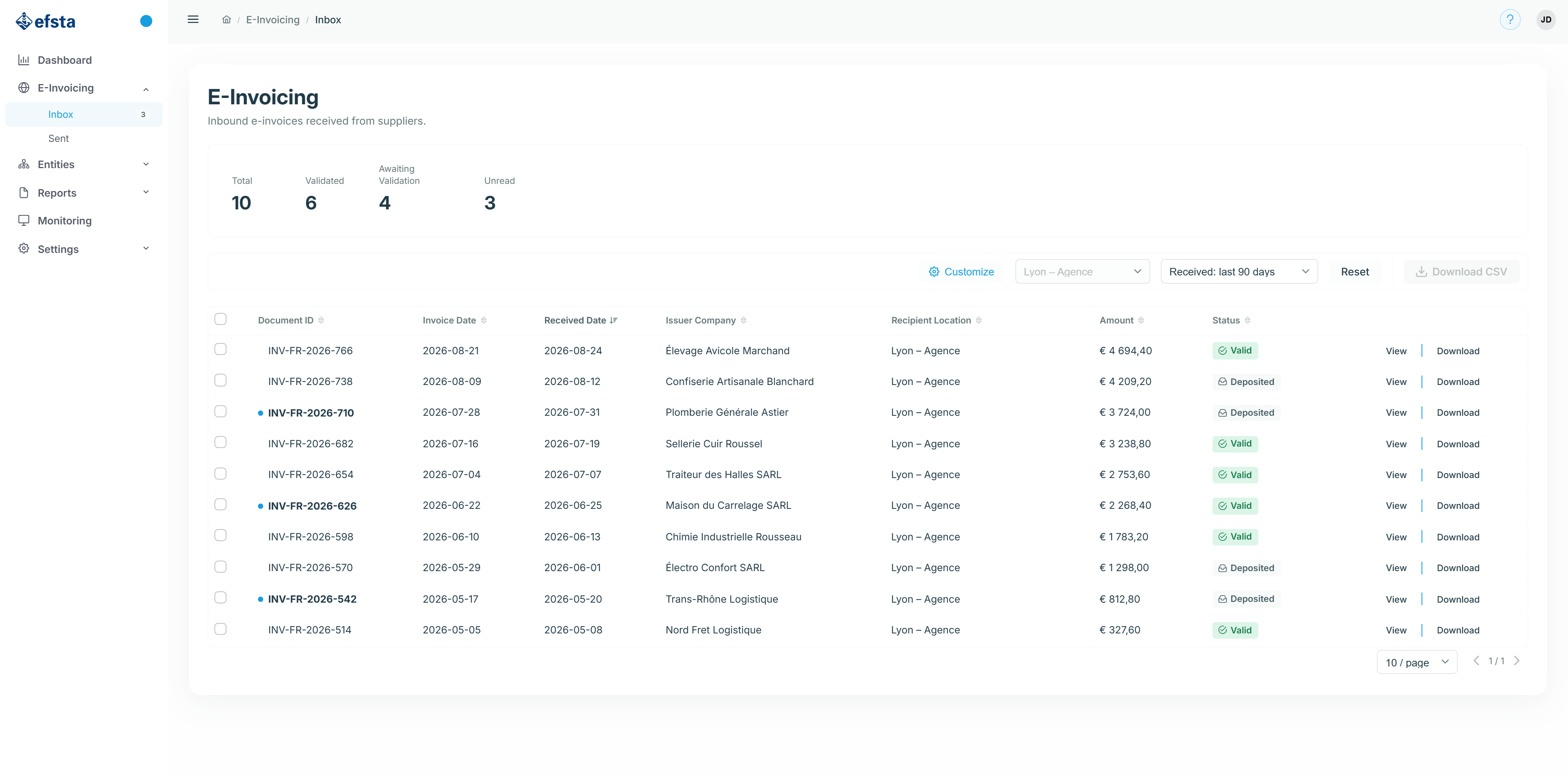 E-Invoicing inbox showing 10 total invoices with dates, companies, amounts, and status like valid or deposited.