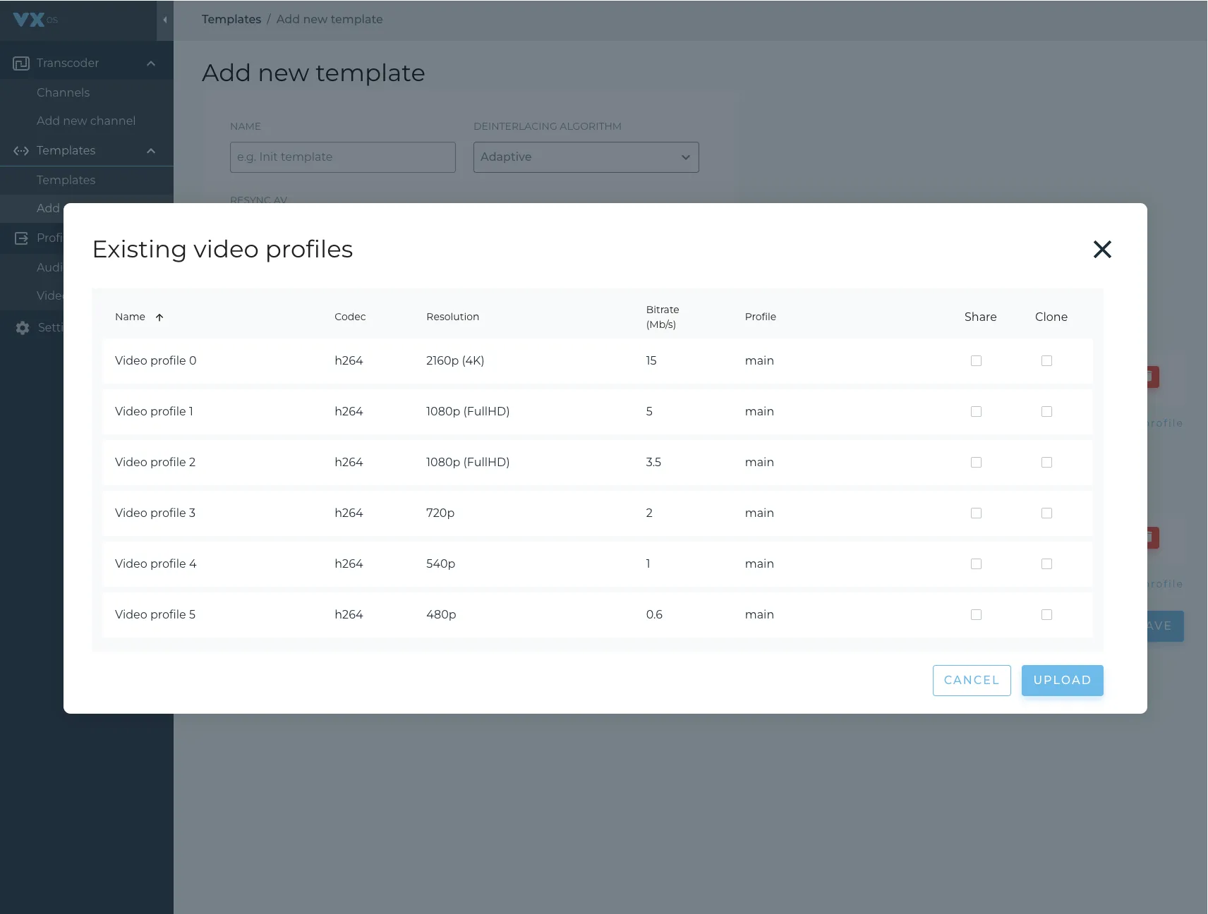 vxTranscoder video profiles list
