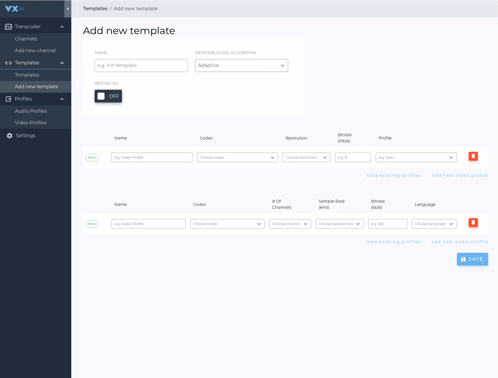 vxTranscoder add new template form
