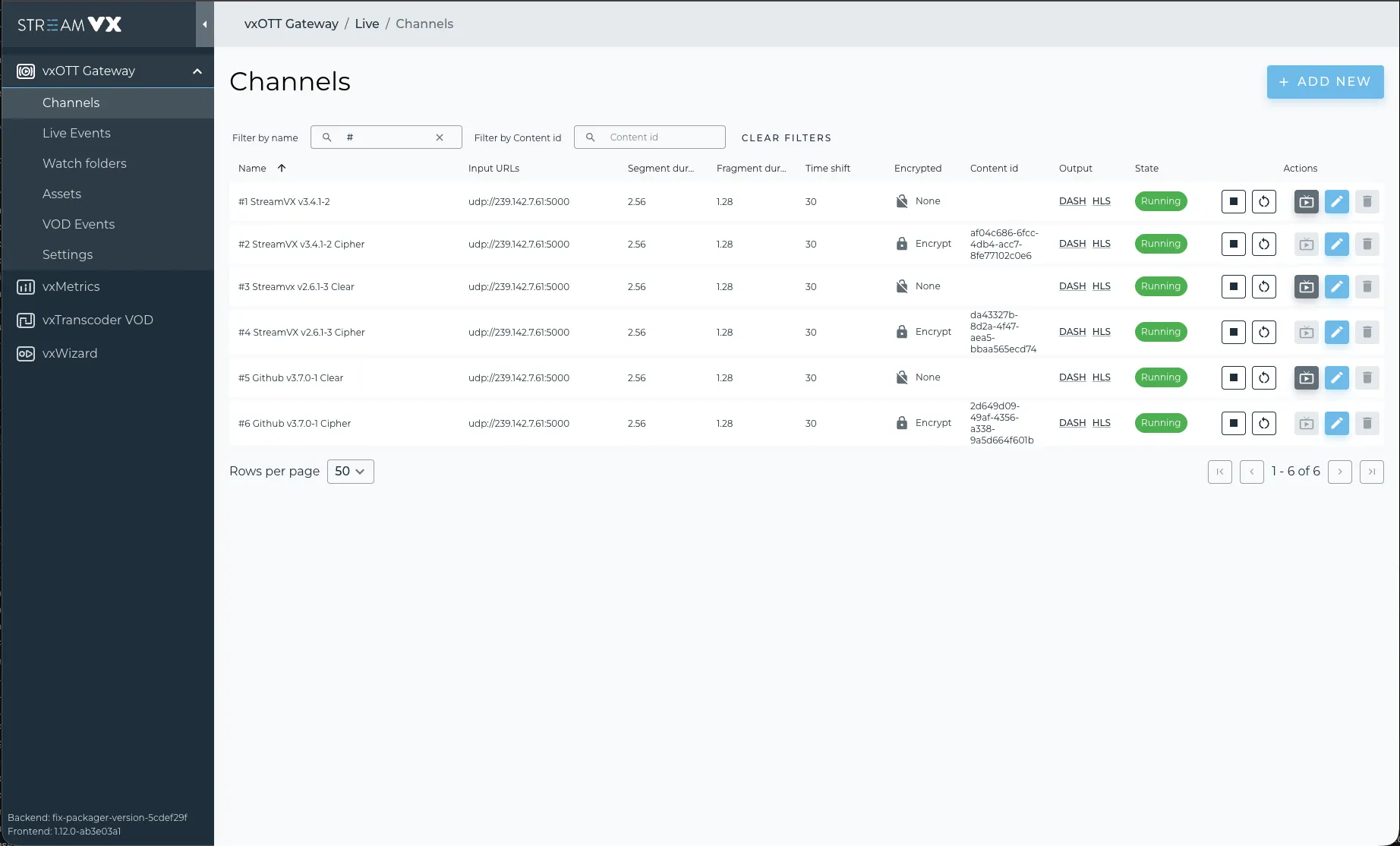 vxOS console — vxOTT Gateway channels list