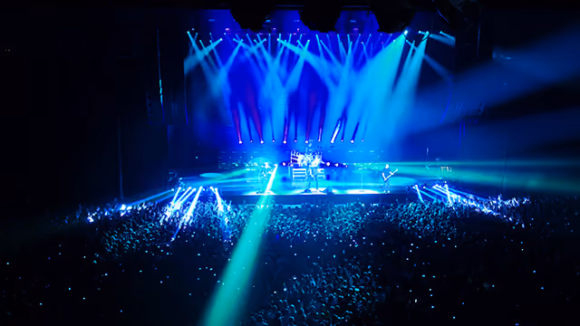 Music channel, now playing - a live concert crowd with raised hands in front of a lit stage