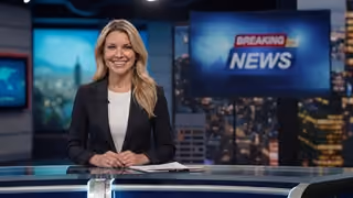 News channel - a presenter at a studio desk with a Breaking News screen behind