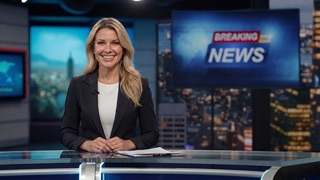 News channel — a presenter at a studio desk with a Breaking News screen behind