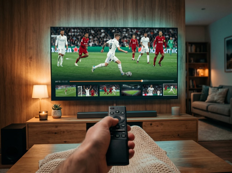 A viewer rewinding a football match on a living-room TV — remote in hand, scrub bar showing 64:12 of 90:00 with action thumbnails