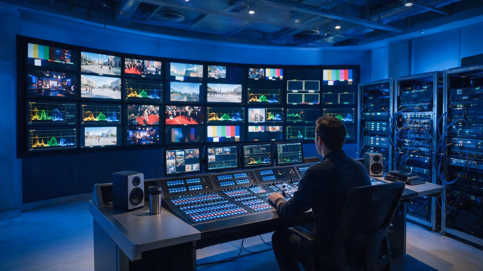 Broadcast master control room — engineer at a mixing desk facing a wall of live video feeds and waveform scopes