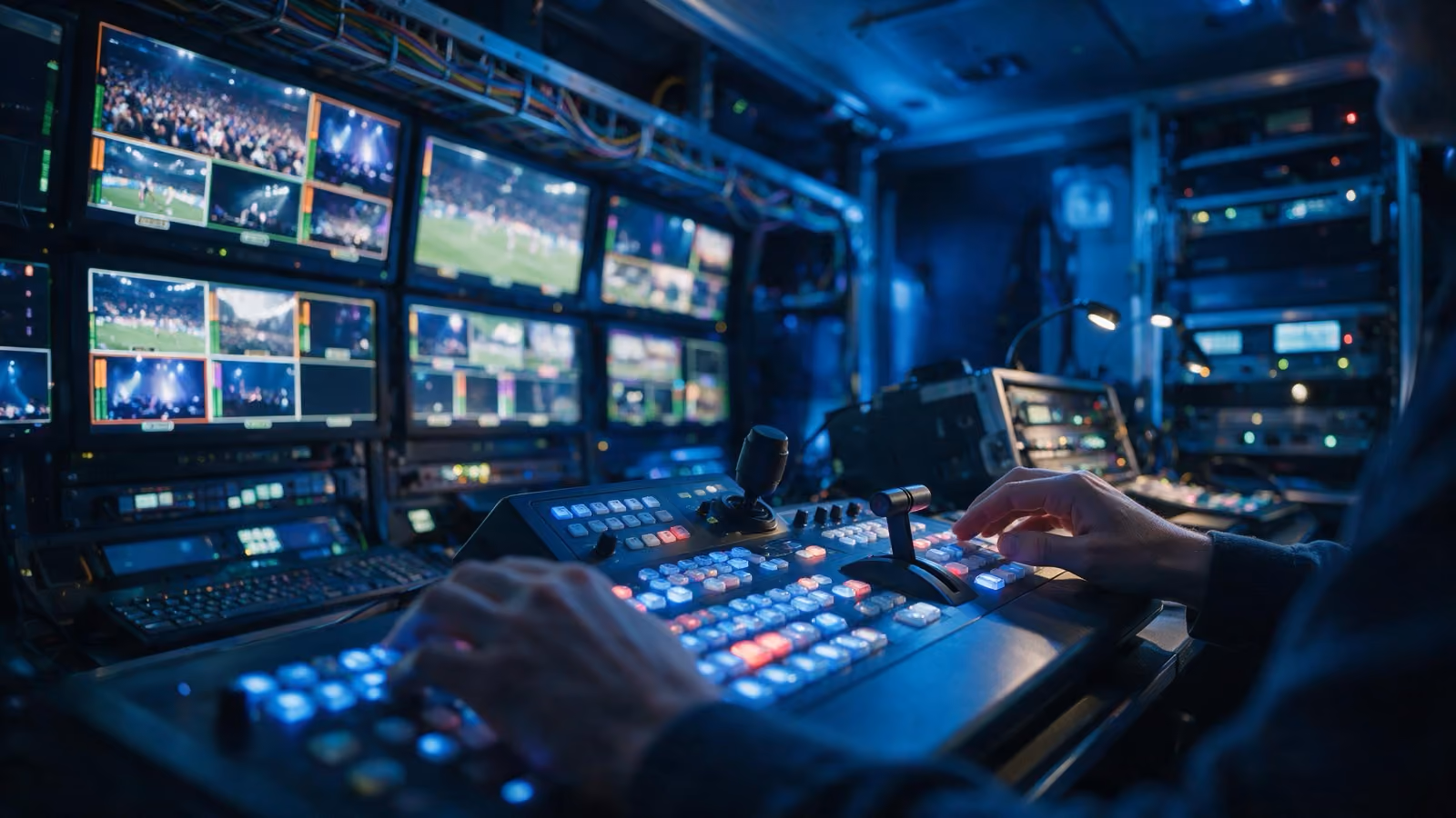 Close-up of a vision mixer switcher in a live outside-broadcast gallery, hands on the console, wall of live event feeds behind
