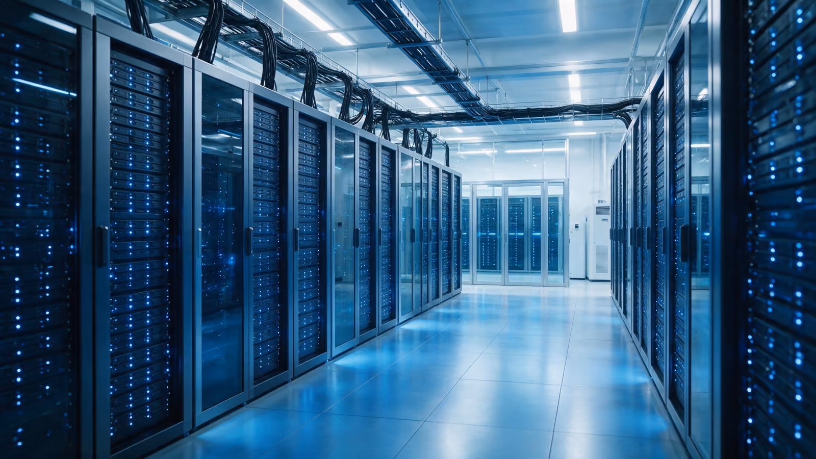 Modern video-processing data center — a clean aisle of illuminated server racks under cool blue lighting