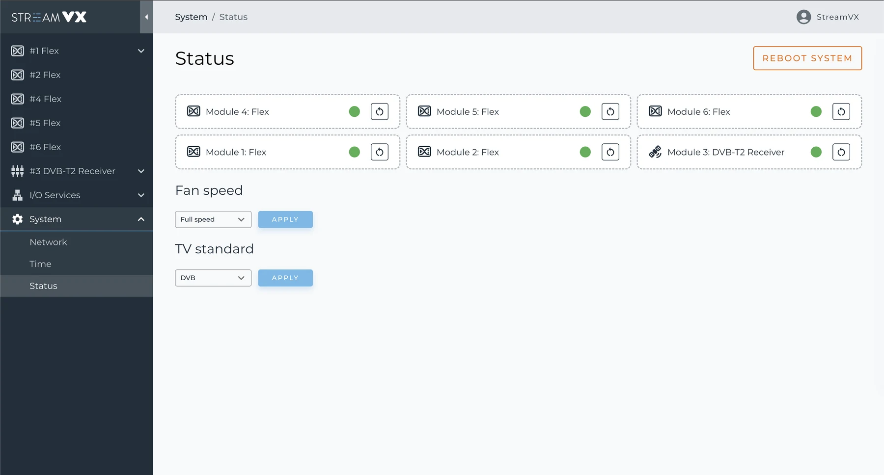 vxOS console - System Status with all six vxFlex modules online, fan speed and TV standard controls
