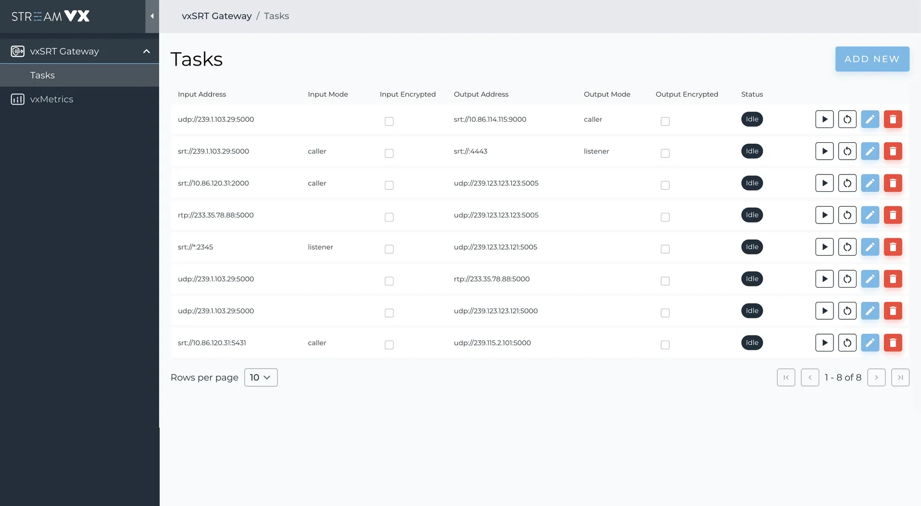 vxSRT Gateway dashboard - Tasks list with input and output addresses, caller and listener modes, encryption flags and per-task controls