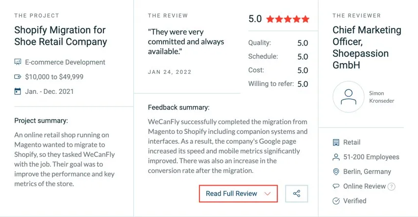 Pięciogwiazdkowa recenzja klienta z serwisu clutch.co