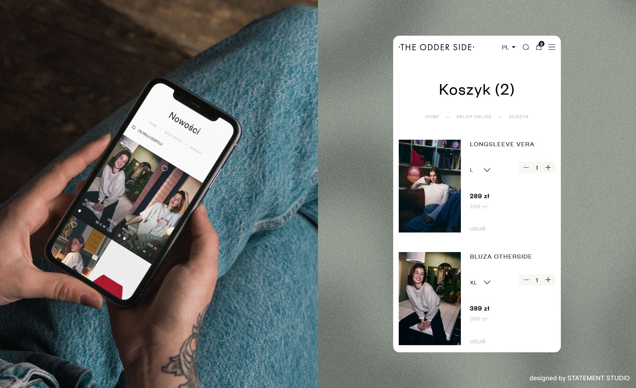 widok wersji mobilnej pokazującej koszyk w sklepie The Odder Side