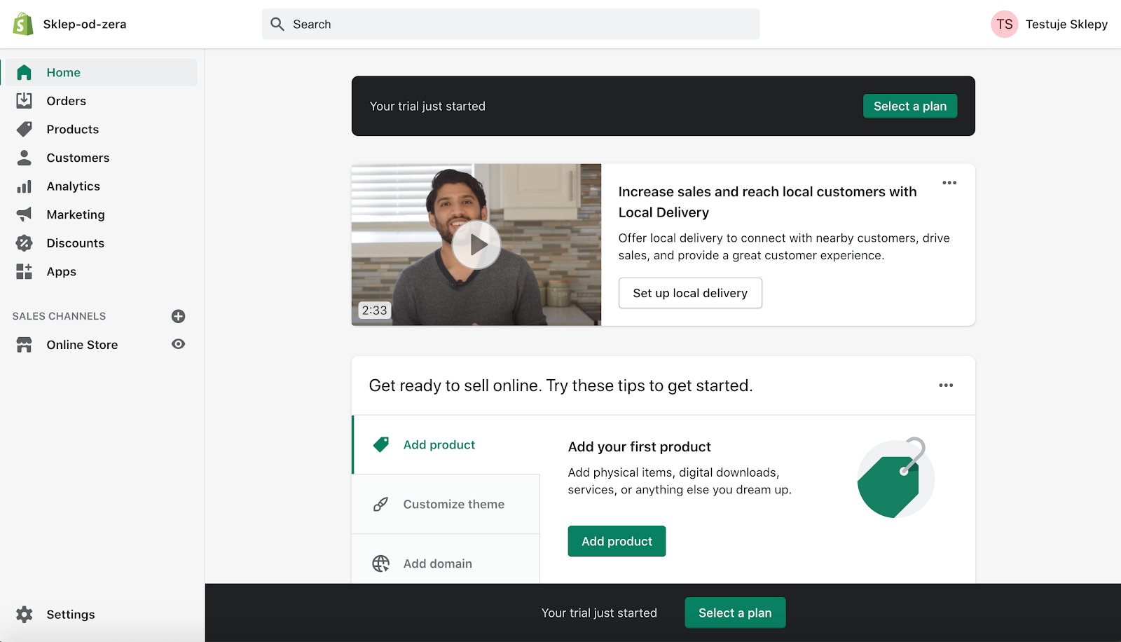Widok po rejestracji do Shopify zrzut ekranu