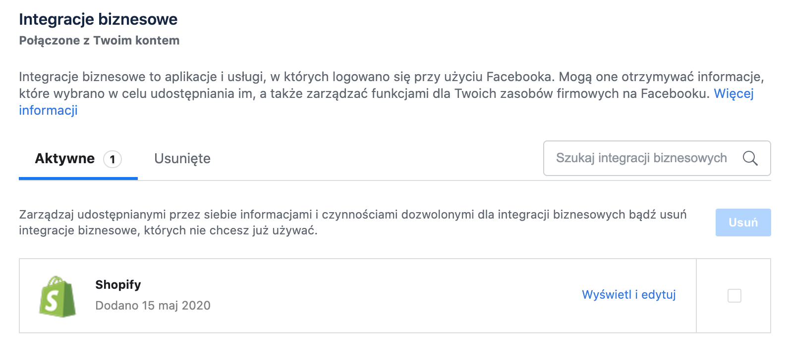 integracja Facebook Shopify w Ustawieniach na Facebooku