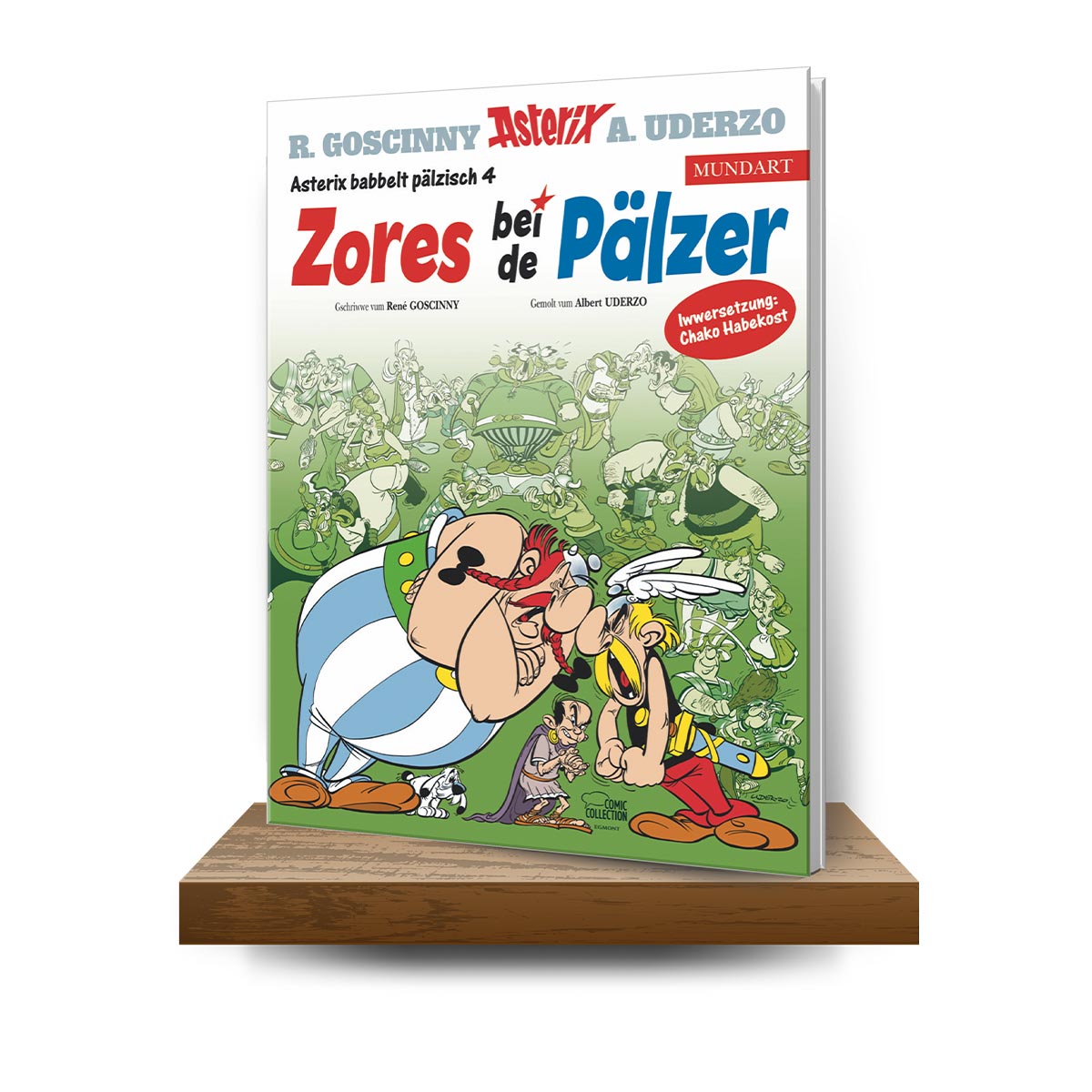 Der neue Asterix-Band Zores bei de Pälzer auf einem Bücherregal