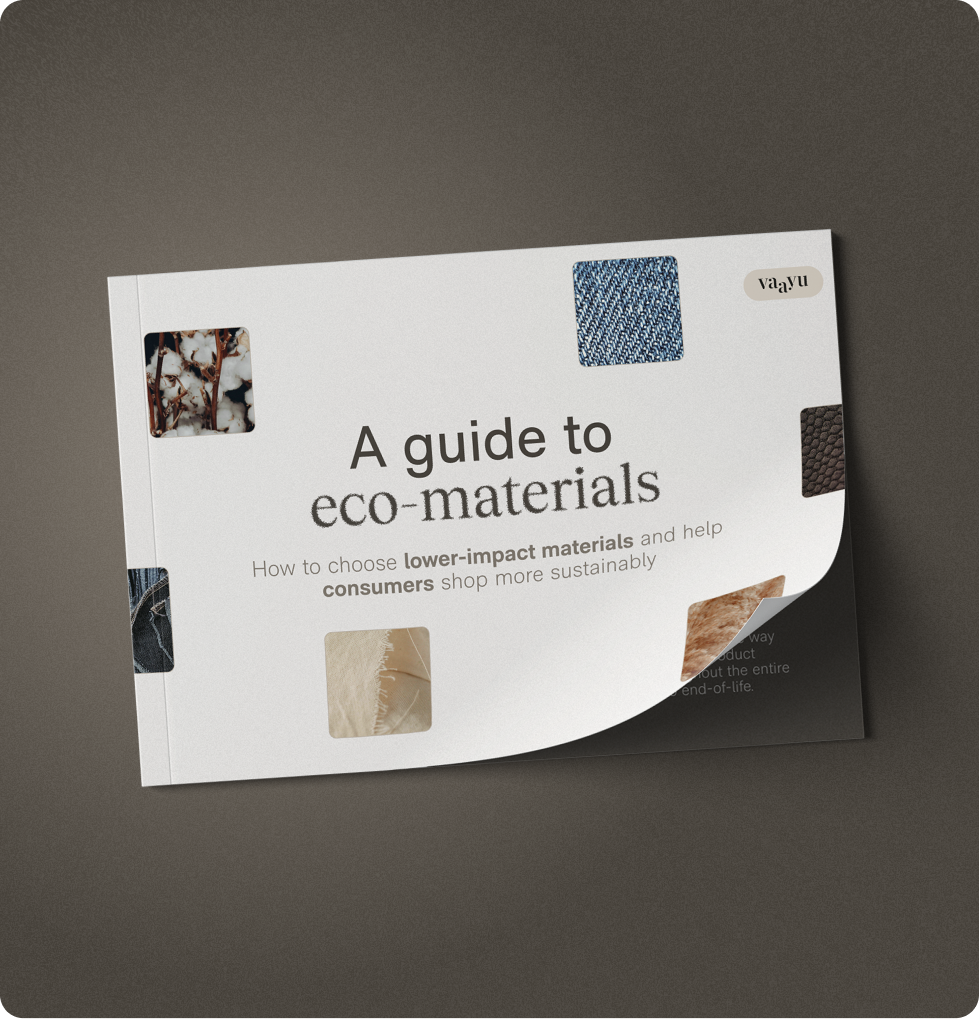 A booklet titled 'A guide to eco-materials' with images of cotton, denim, leather, and fabric samples on the cover.