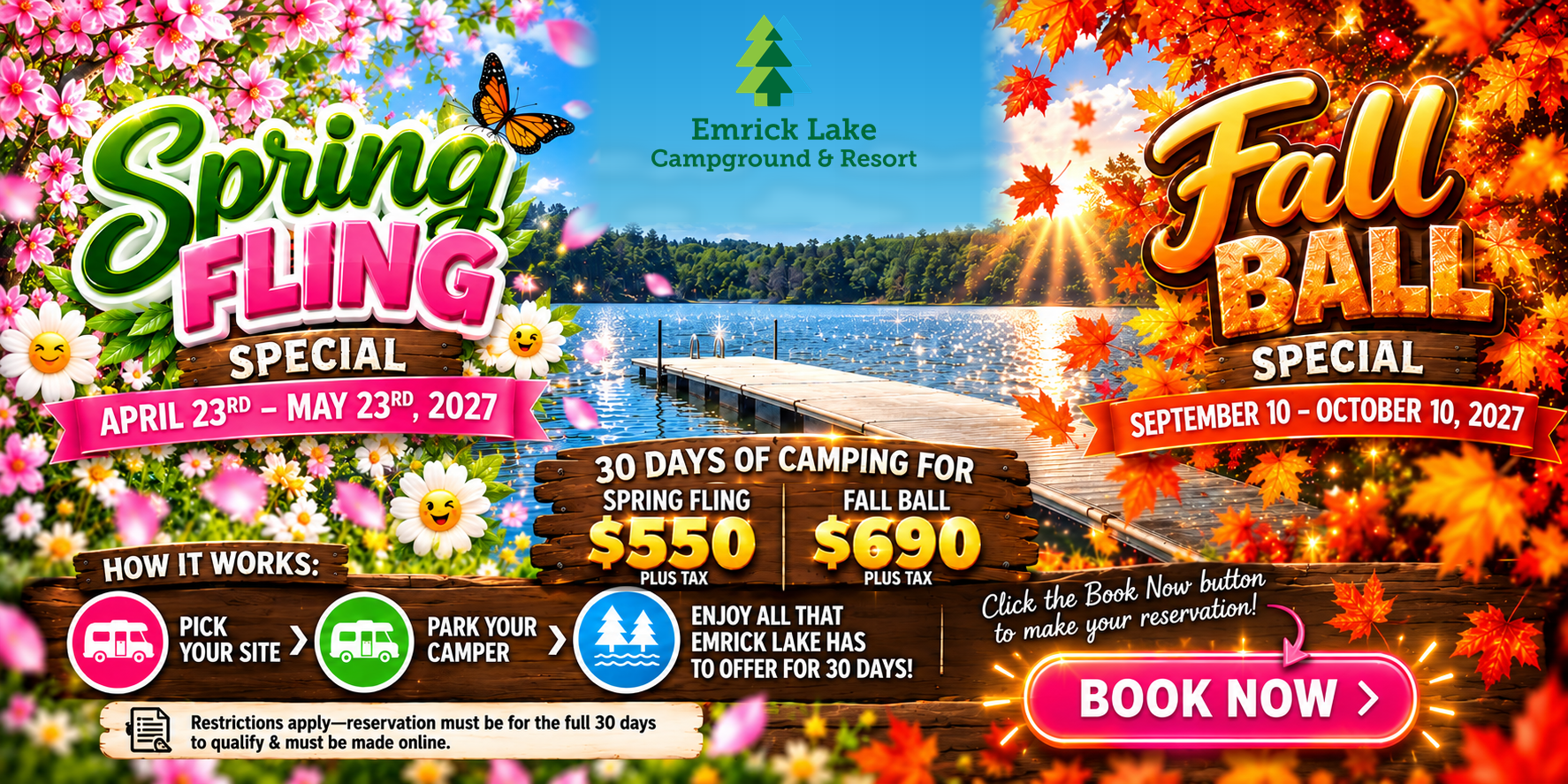 Spring Fling and Fall Ball 30-day camping special at Emrick Lake Campground and Resort