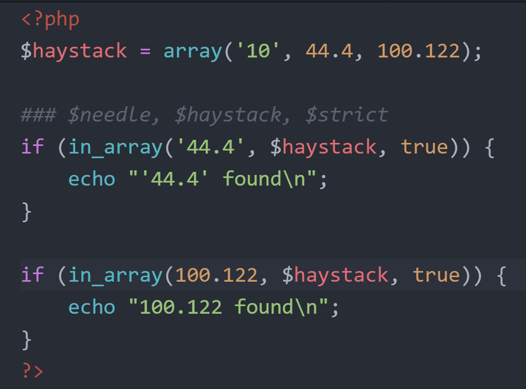 Strict comparison example using in_array() function