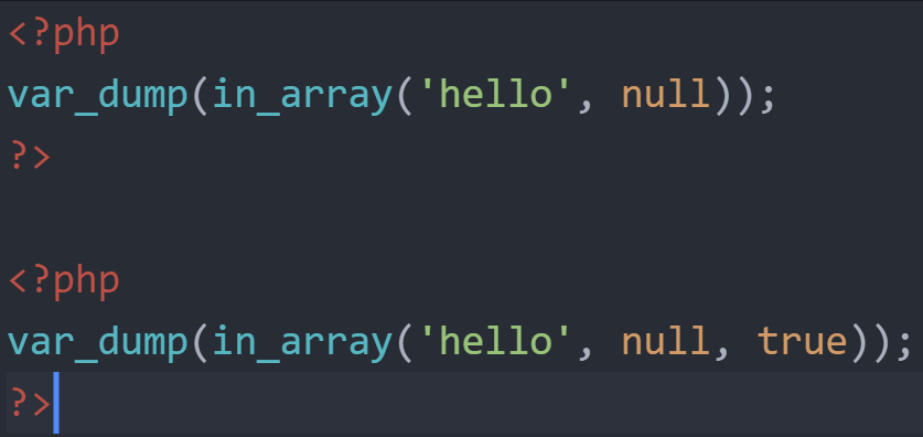 Code example showing what happens when you pass null in for the $haystack