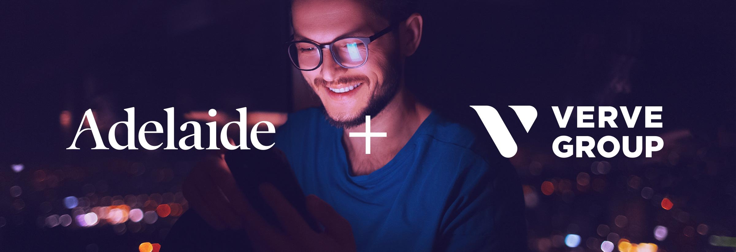 A banner of Adelaide and Verve Group Logos With a Man On a Cell Phone. 