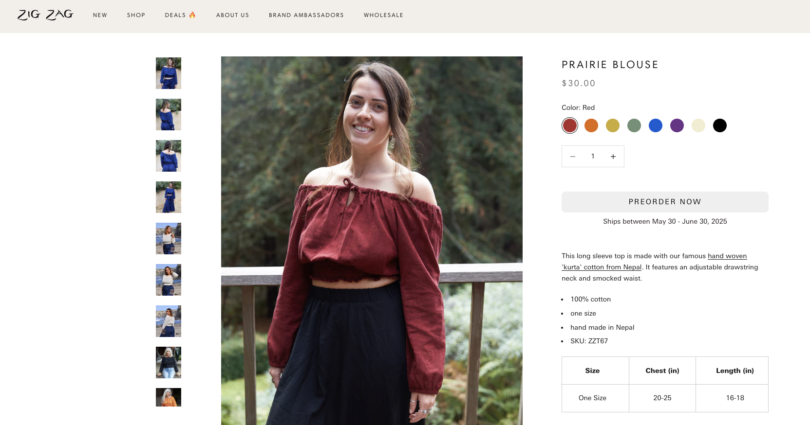 Shopify product page for Prairie Blouse at $30.00 featuring large "PREORDER NOW" button and shipping timeline from May 30 to June 30, 2025