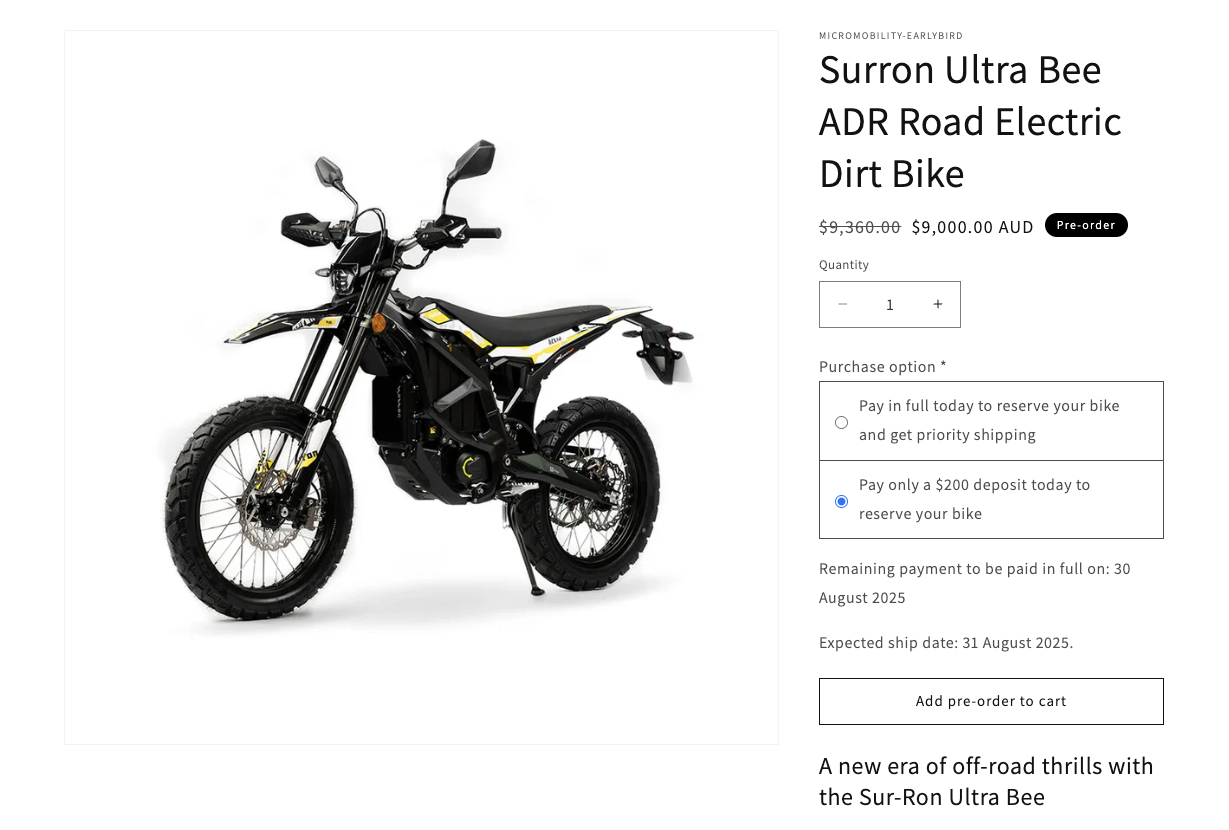 Product page for Surron Ultra Bee electric dirt bike at $9,000 with pre-order badge, showing payment options of full payment or $200 deposit, remaining payment due August 30, 2025, expected ship date August 31, 2025