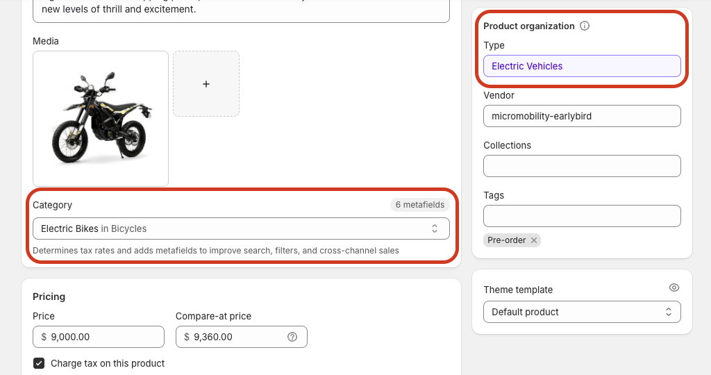 Shopify admin showing product category selection "Electric Bikes in Bicycles" on left side and product type "Electric Vehicles" highlighted in red box on right side