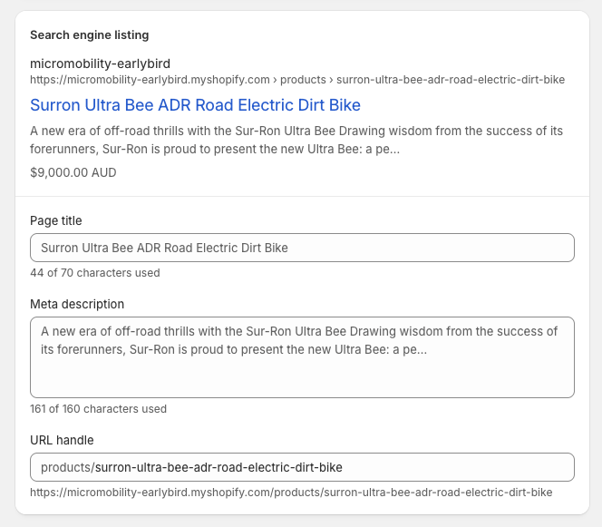 Shopify search engine listing interface showing page title "Surron Ultra Bee ADR Road Electric Dirt Bike", meta description, and URL handle for product optimization
