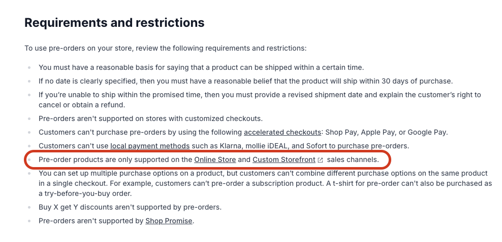 Shopify requirements and restrictions page for pre-orders with red circle highlighting text about pre-order products only being supported on Online Store and Custom Storefront sales channels