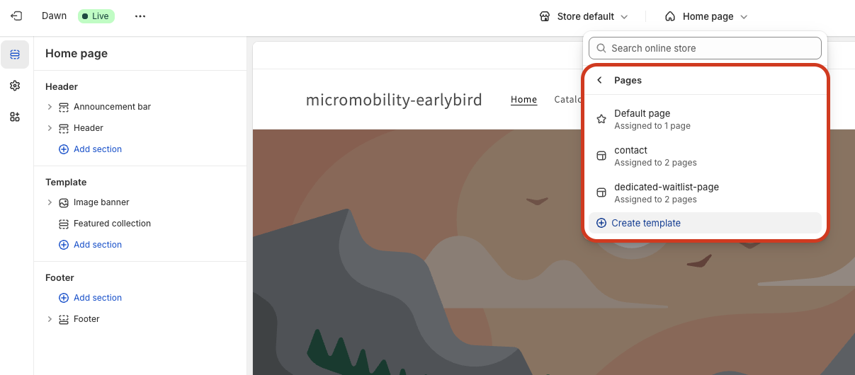 Shopify theme customizer showing Pages dropdown menu highlighted in red box, displaying options including Default page, contact, and dedicated-waitlist-page
